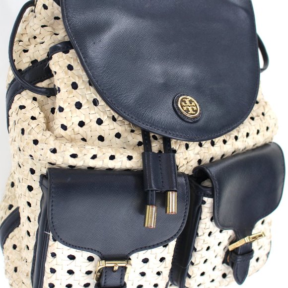Tory Burch Navy Piper Backpack Woven Blue White Saffiano Leather - Picture 5 of 9